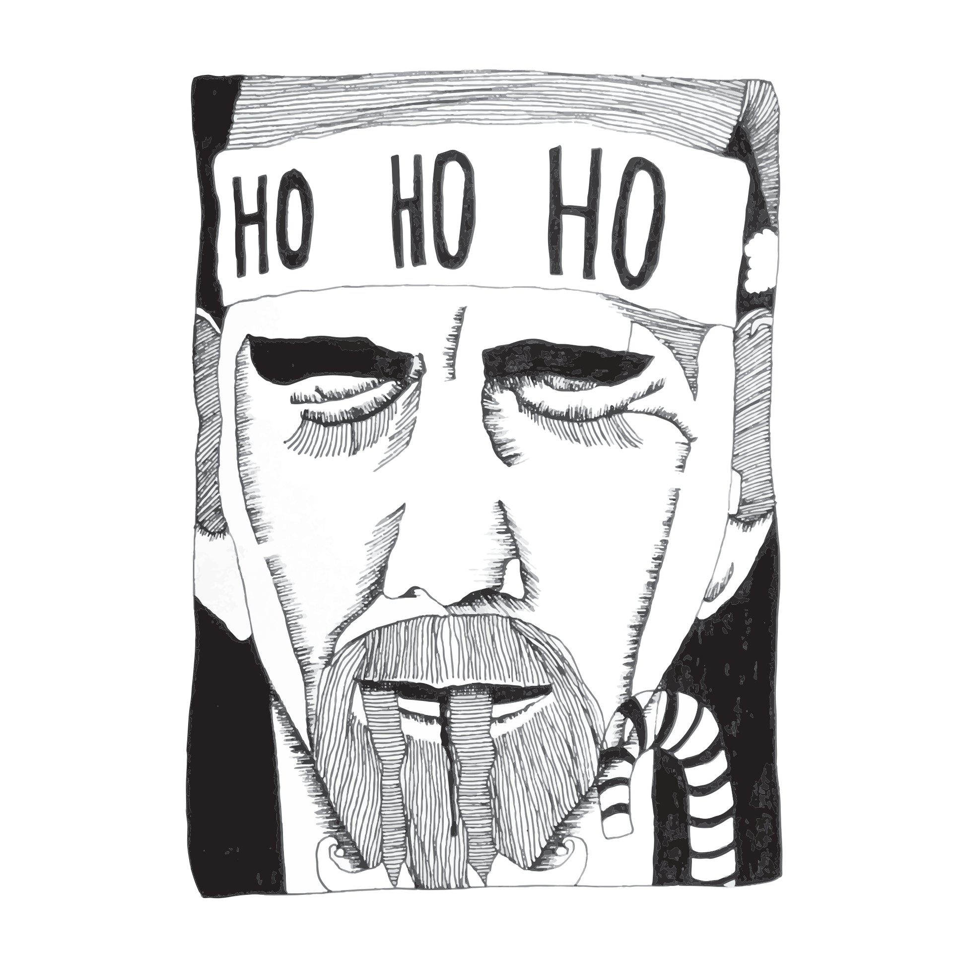 black and white illustration of an elf wearing a santa hat that says ho ho ho on the brim and is in the process of eating another elf, whose legs protrude from his mouth