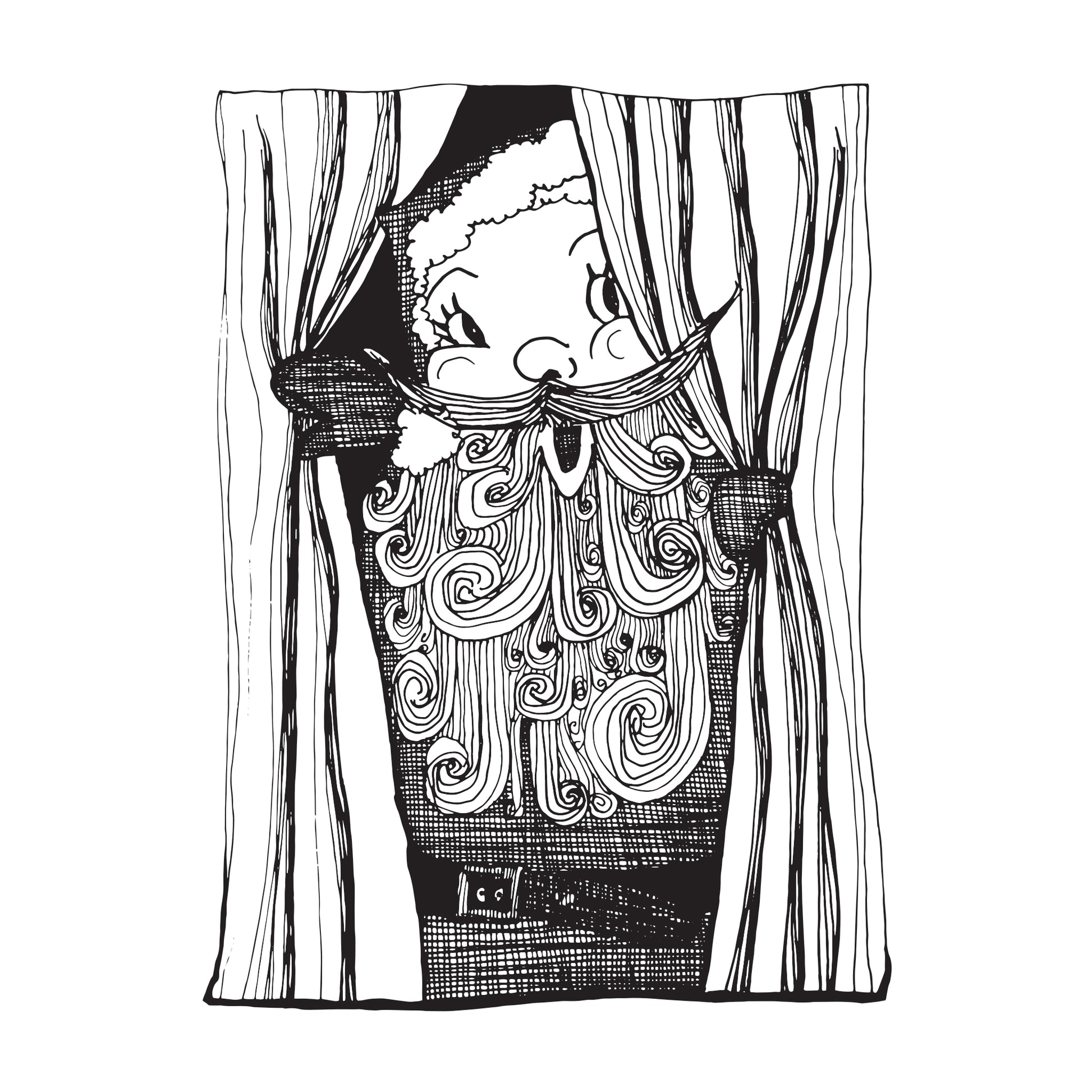 black and white illustration of a jolly santa peeking from behind curtains