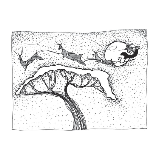 black and white illustration of santa driving his sleigh over a snow covered cypress tree on a moollit night
