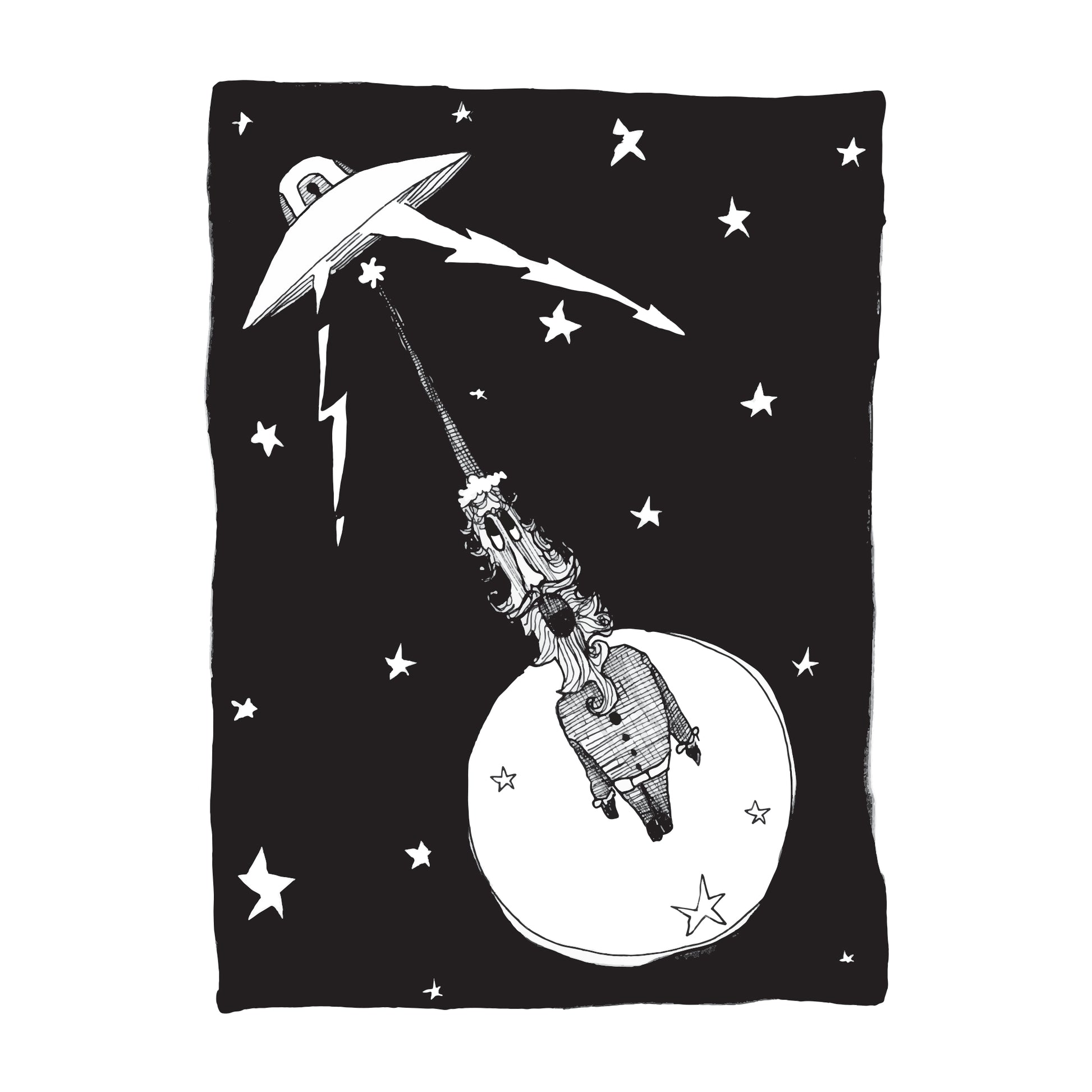 black and white illustration of an alien driven spaceship pulling a distorted santa clause off of the earth on a dark and starry night