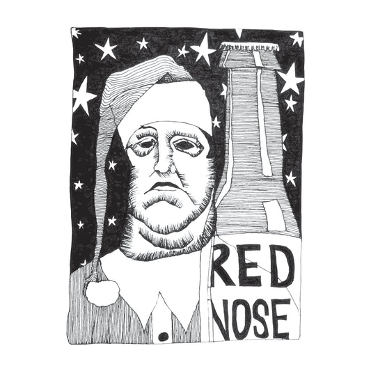 black and white illustration of a beardless man, on a starry night, dressed as santa claus with a large bottle of beer labeled "red nose" looming large in front of him