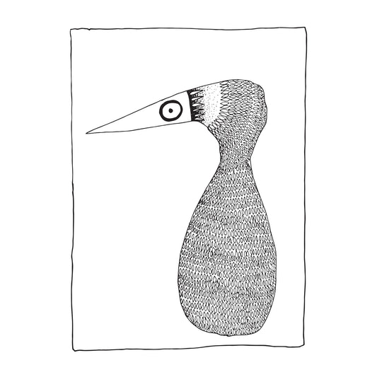 black and white illustration of a folk art style, patterned bird with a large eye in profile