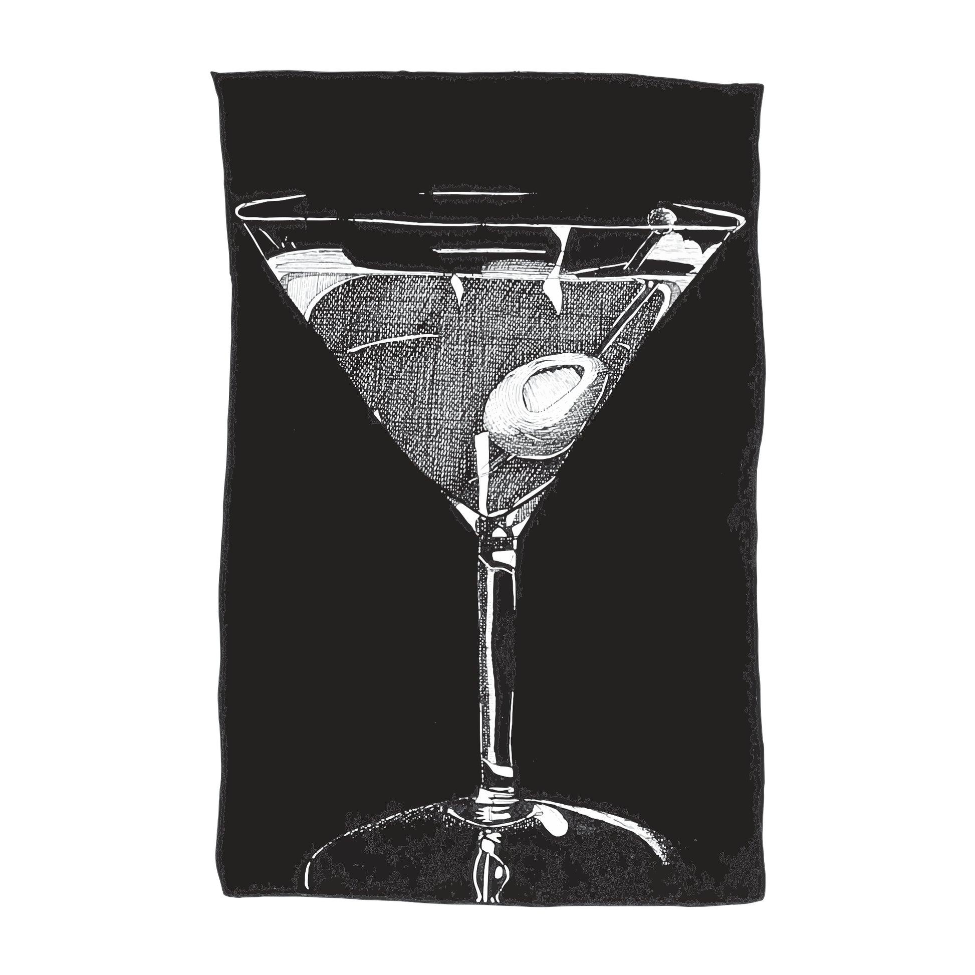 black and white illustration of an up martini with an olive on a pick