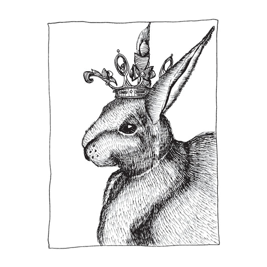black and white illustratioin of a portrait of a rabbit wearing a crown