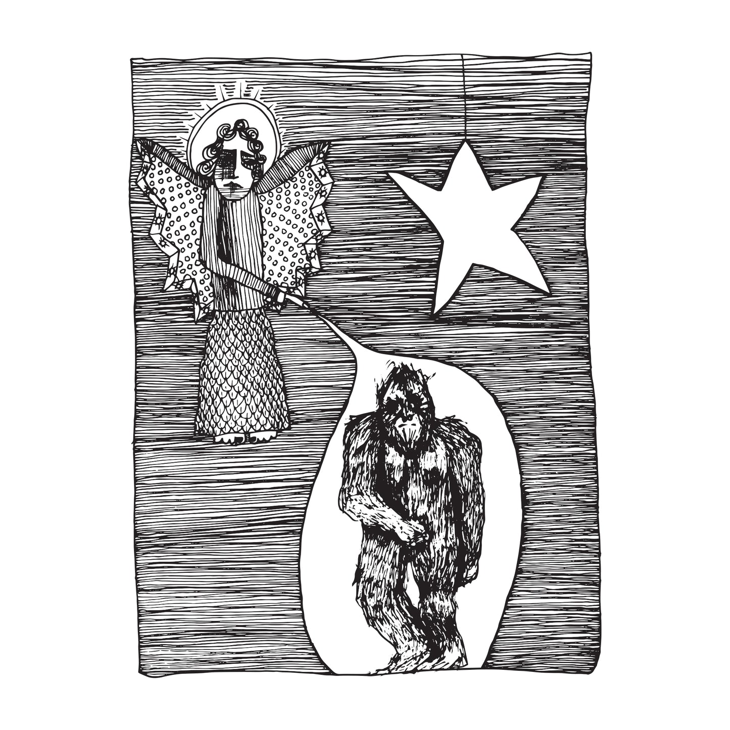 black and white illustration with a floating angel pointing to bigfoot with a star dangling in the sky.