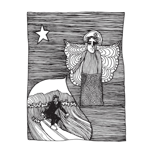 black and white illustration of an angel, on a single star filled night, pointing at a surfer on a long board riding a wave