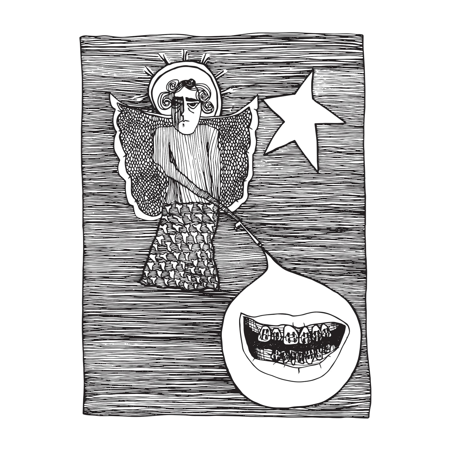 black and white illustration of an angel, on a single star filled night, pointing at a mouth wearing braces.