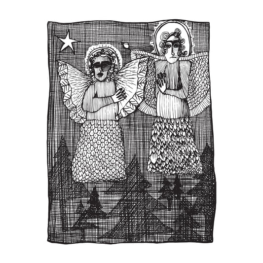 black and white illustration of two angels, together floating over trees on a night with one star shining