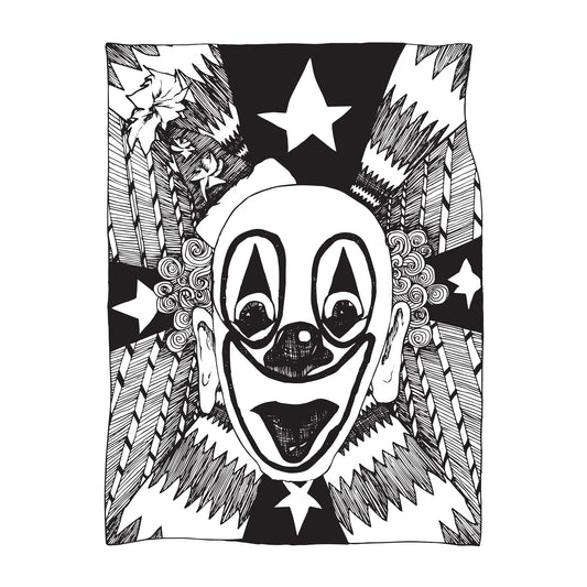 black and white illustration of a clown head coming toward you from a kaleidoscopic background