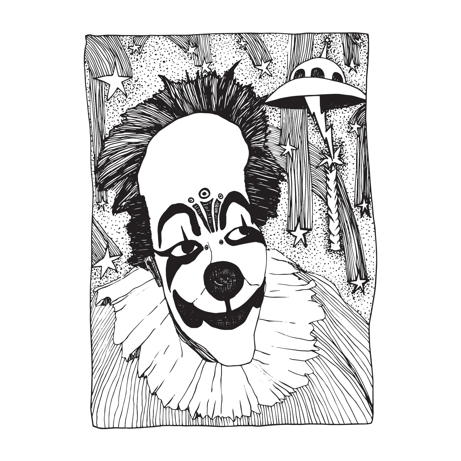 black and white illustration of a clown , on a night with shooting stars everywhere, watching with a small grin as a spaceship lights a candle floating infront of them