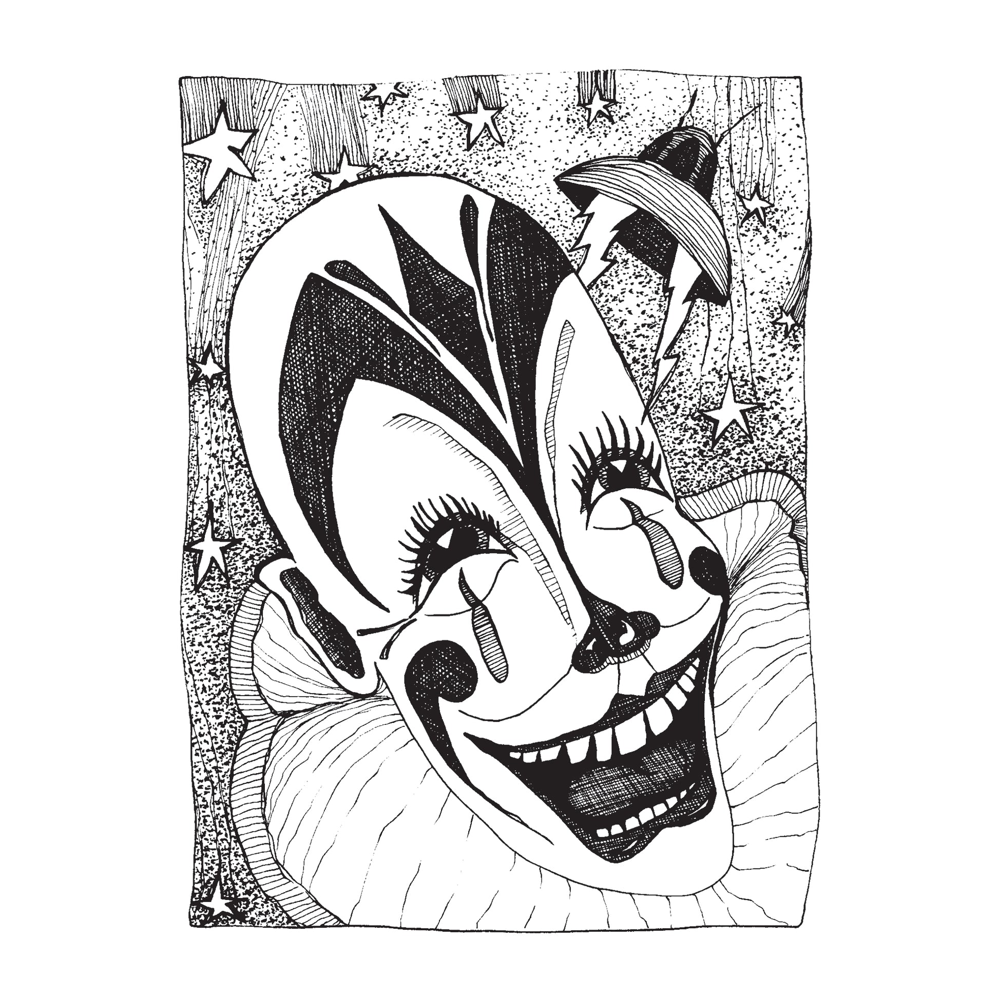 black and white illustration of an elated clown with crooked teeth, tears running down their face as they stare at a space ship near their head on a night with falling stars everywhere