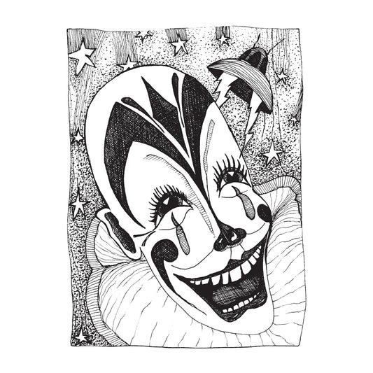 black and white illustration of an elated clown with crooked teeth, tears running down their face as they stare at a space ship near their head on a night with falling stars everywhere