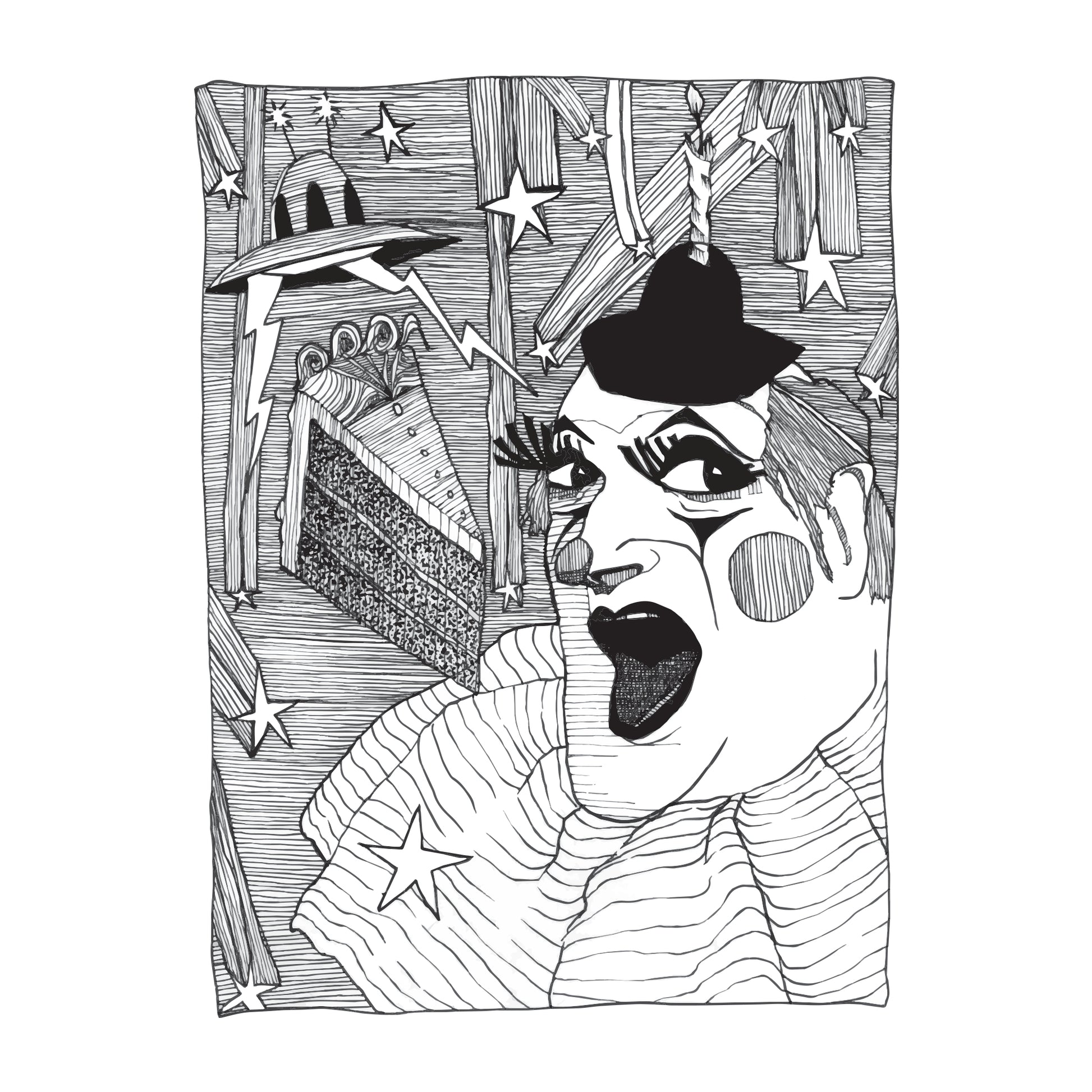 black and white illustration of a clown, wearing a hat with a lit candle in it, with mouth open ready to take a bite of a piece of cake send down from a spaceship on a night filled with shooting stars 