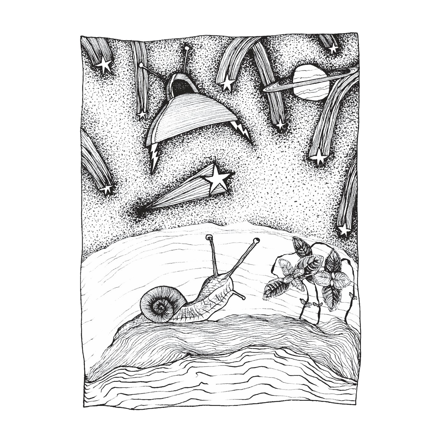 black and white illustration of a snail looking up at a space ship on a night with stars falling all around