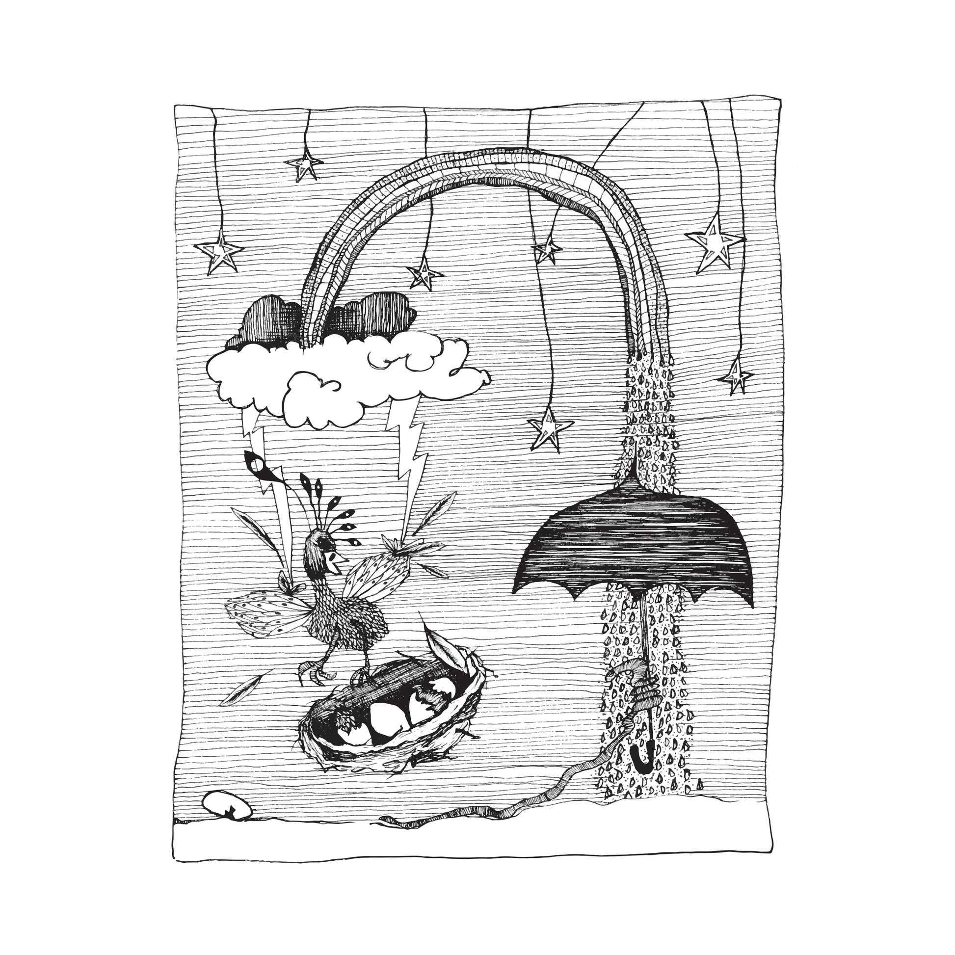 black and white illustration of a bird dropping its egg filled nest as it is hit by lightening from a cloud under a rainbow, meanwhile, there is a worm under an umbrella at the other side of the rainbow watching