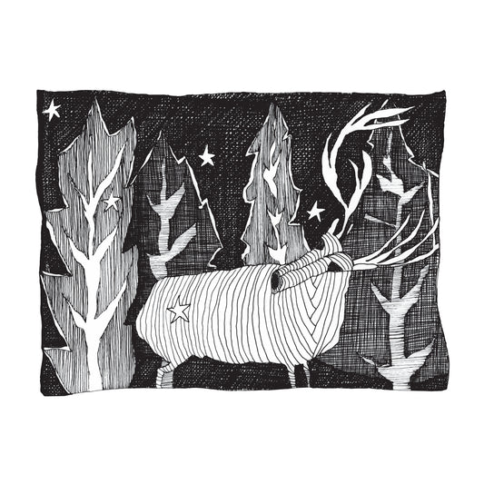 black and white illustration of a lone reindeer, in a forest, amongst the stars at night