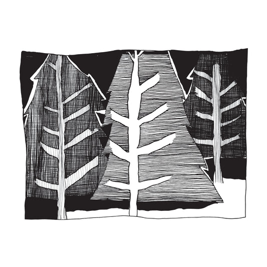black and white, wood cut inspired illustration of three conifers with a layer of snow on their edges at night