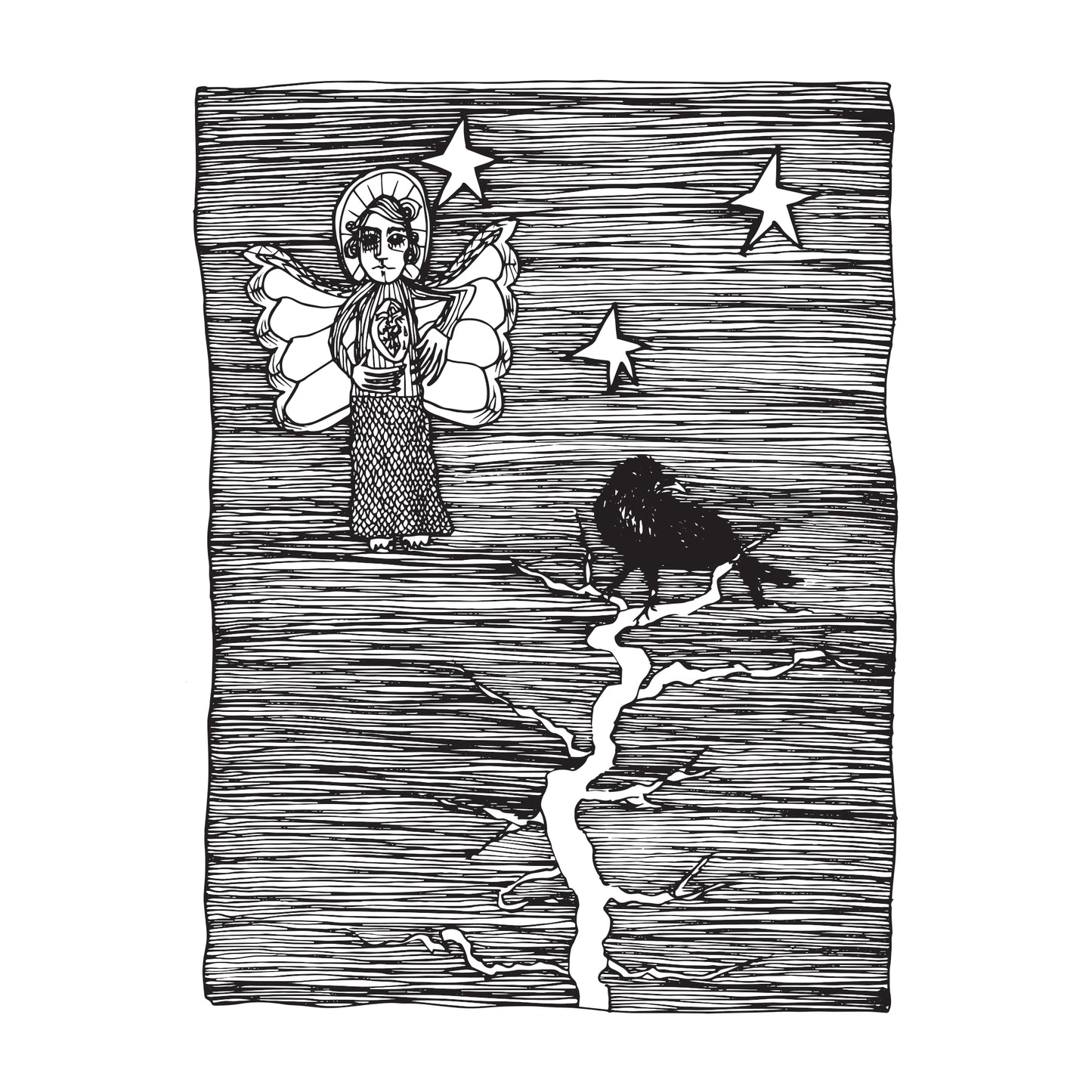 black and white illustration of an angel, on a starry night, protecting their bleeding heart while floating in the sky near a leafless tree with a crow atop it