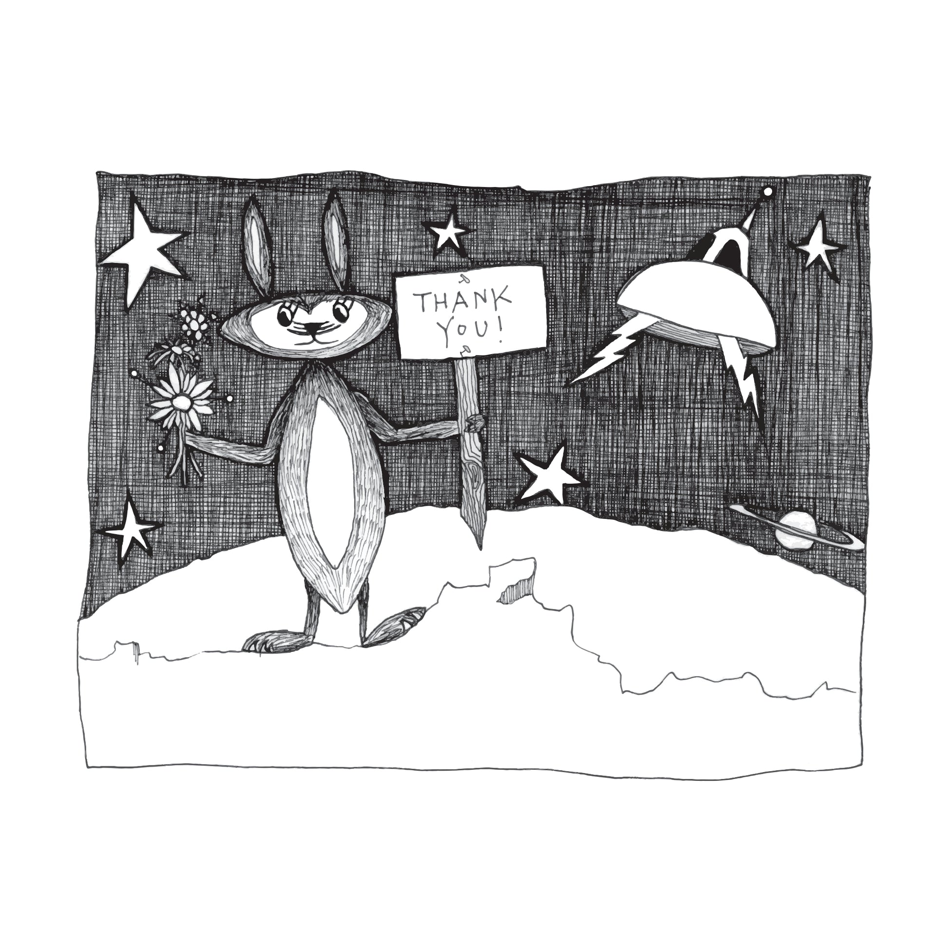 black and white illustration of a space rabbit holding a thank you sign, and flowers with a spaceship in the distance