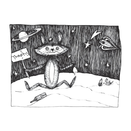 black and white illustration of a drunken space rabbit holding a sign that reads thanks and an empty wine glass near a passed out bird and bottles of wine