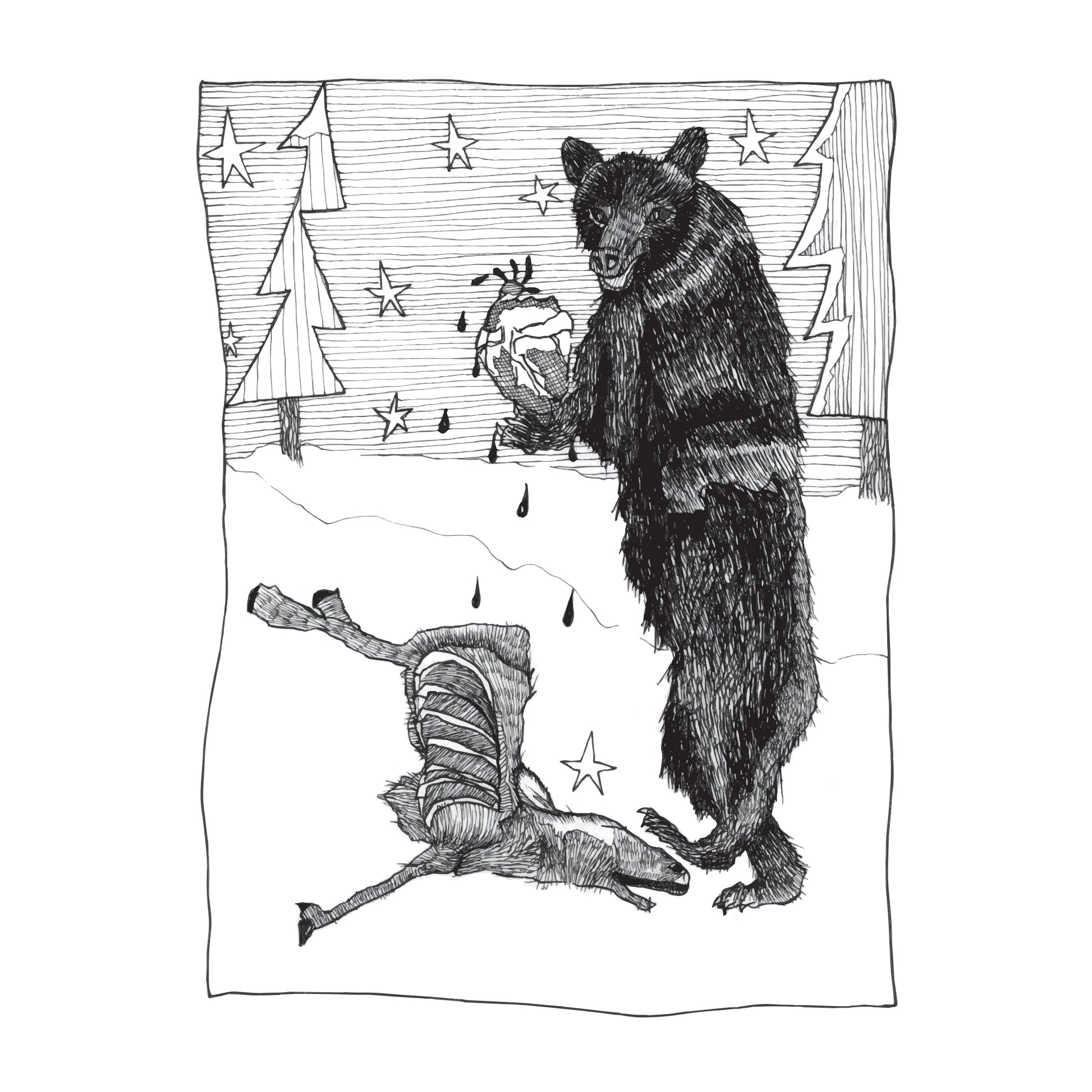 black and white illustration of a bear, a dead deer, and a fresh bleeding heart in a snowy forest