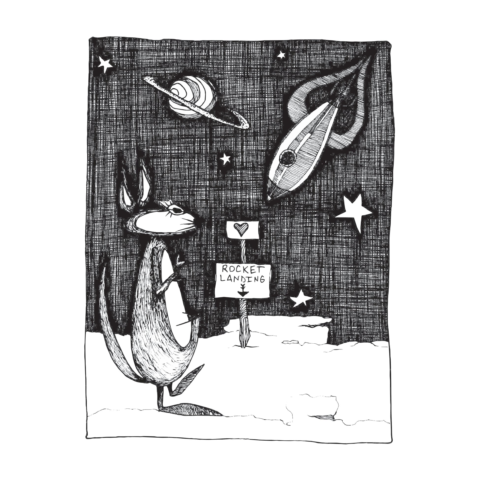 black and white illustration of a rabbit in space waiting for a rocket ship to land near a sign with a heart on it