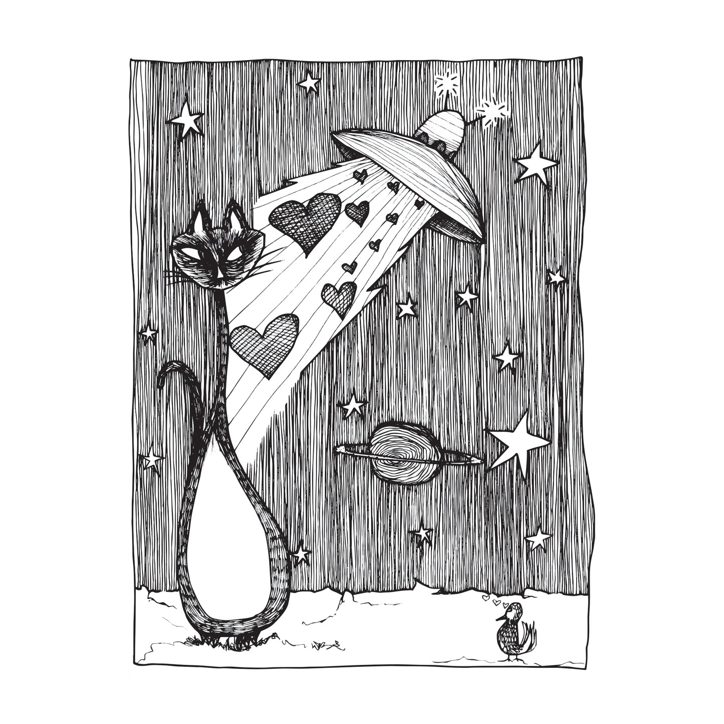 black and white illustration of a cat in space being showered by hearts from a spaceship