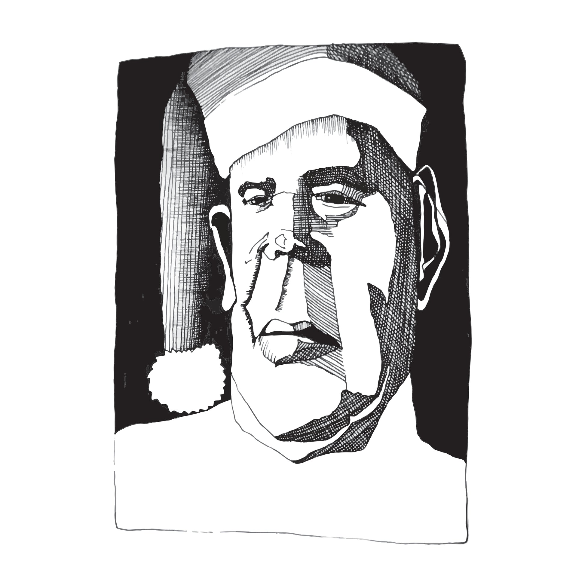 black and white illustration of a serious looking beardless man in a santa hat