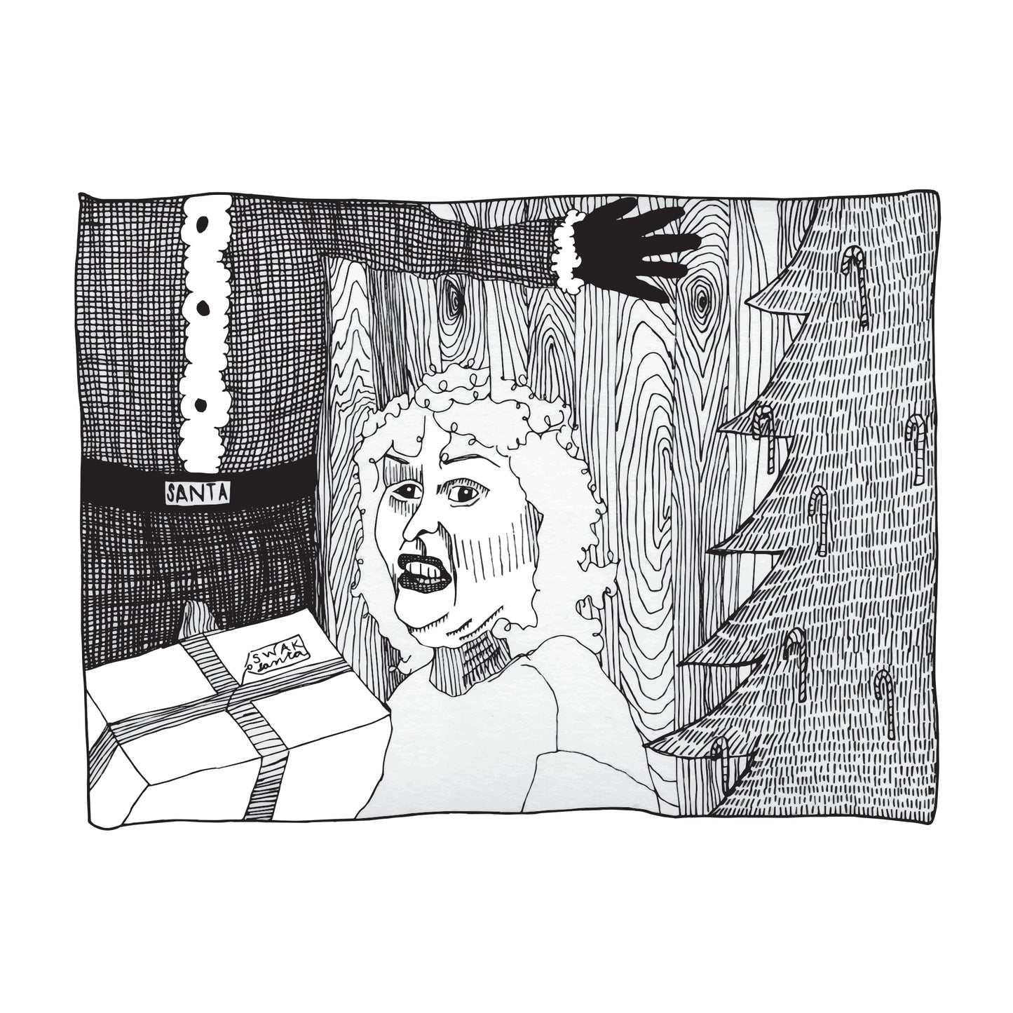 black and white illustration of a creeped out woman holding a gift with a tag that ready "SWAK, santa" while santa stands in the background with arms spread for a hug
