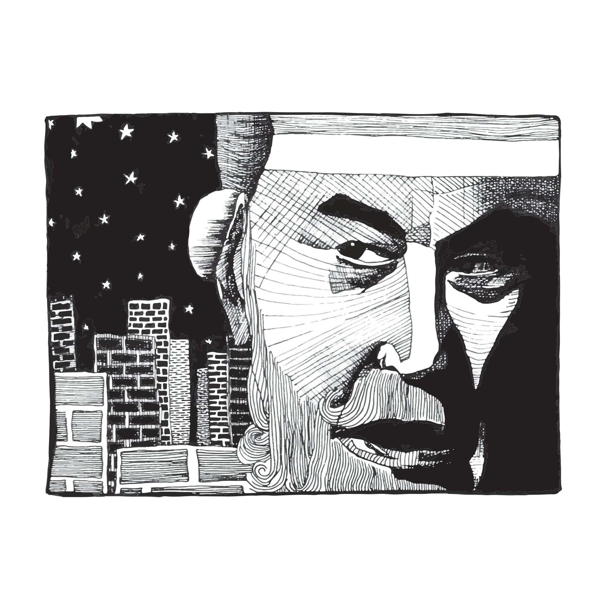 black and white illustration of an exhausted santa surrounded by chimneys on a starry night