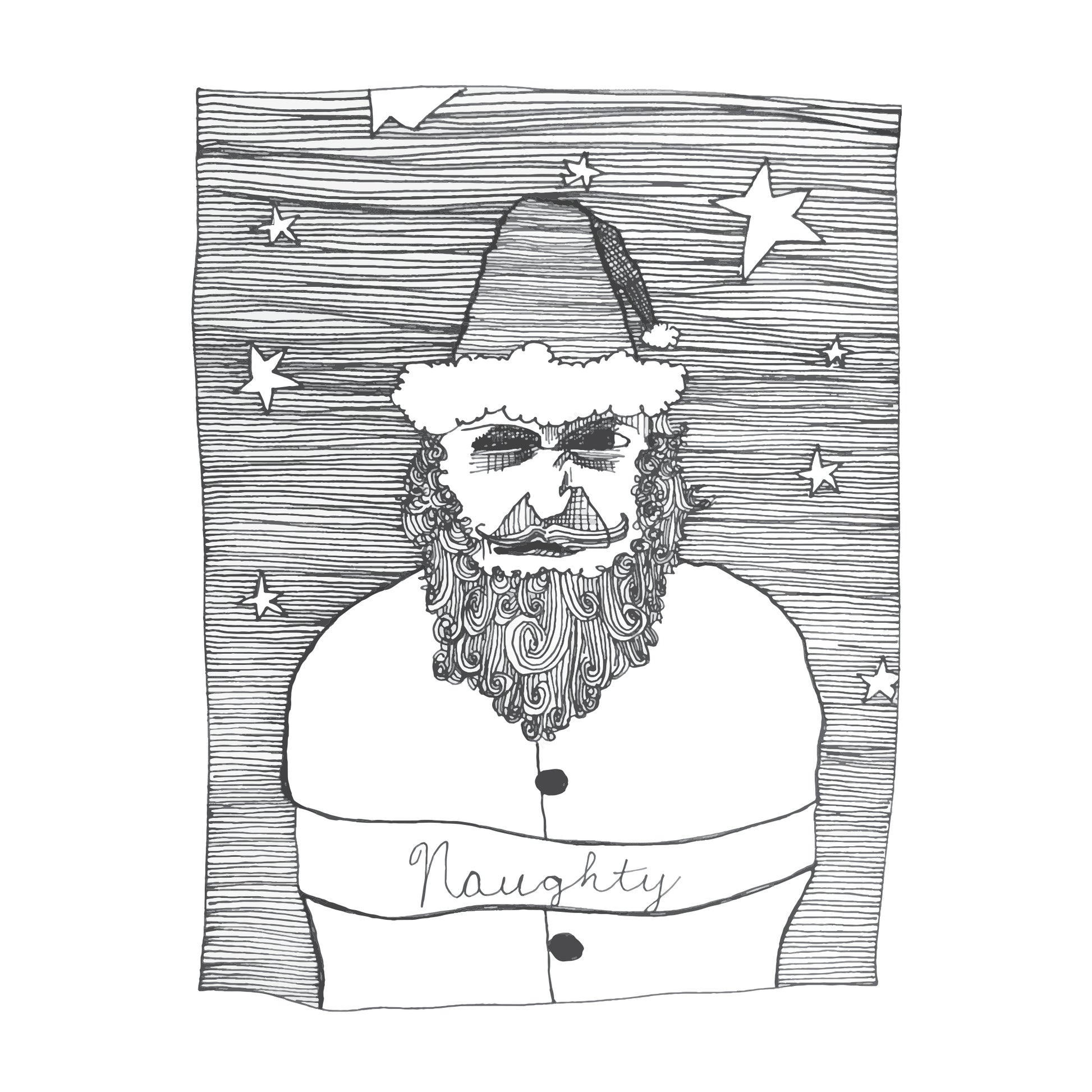 black and white illustration of an angry santa wearing a sash that says naughty