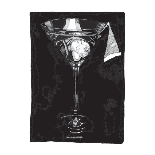 black and white illustration of santas head in a martini glass